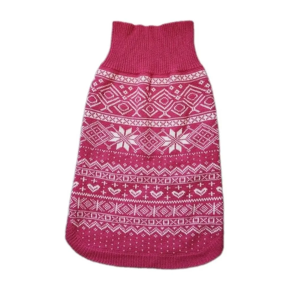 Pink White Fair Isle Snowflake Knit Dog Sweater Stretch Cozy Winter Size L GUC